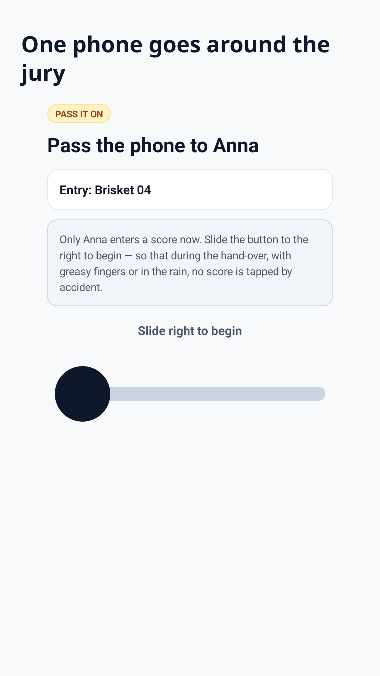 Jurycoach hand-over screen: 'Pass the phone to Anna' with a slide-to-begin control